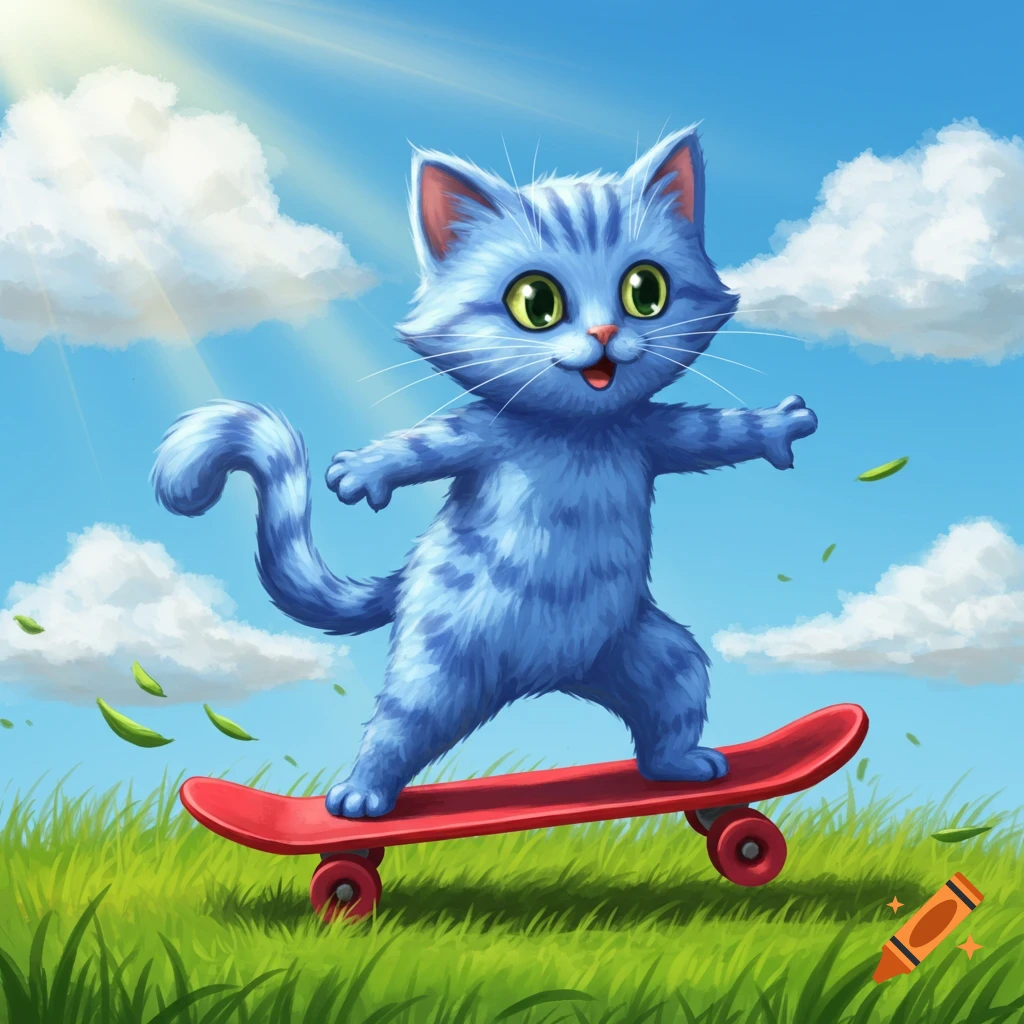 A happy blue cartoon cat with stripes balances on a red skateboard, riding through green grass under a sunny blue sky with clouds.