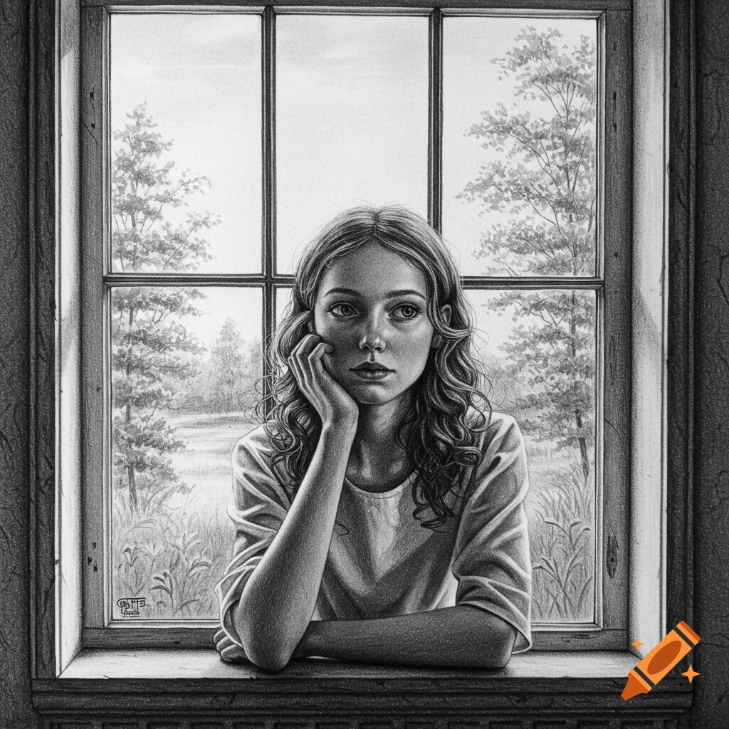 A black and white pencil drawing of a thoughtful young girl resting her head on her hand, looking out a window at a landscape.