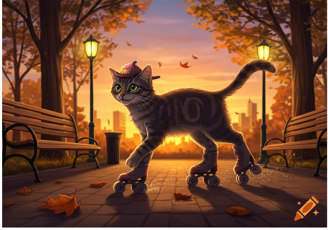 A vibrant illustration of a gray tabby cat wearing a hat and roller skates, walking on a park path during an autumn sunset.