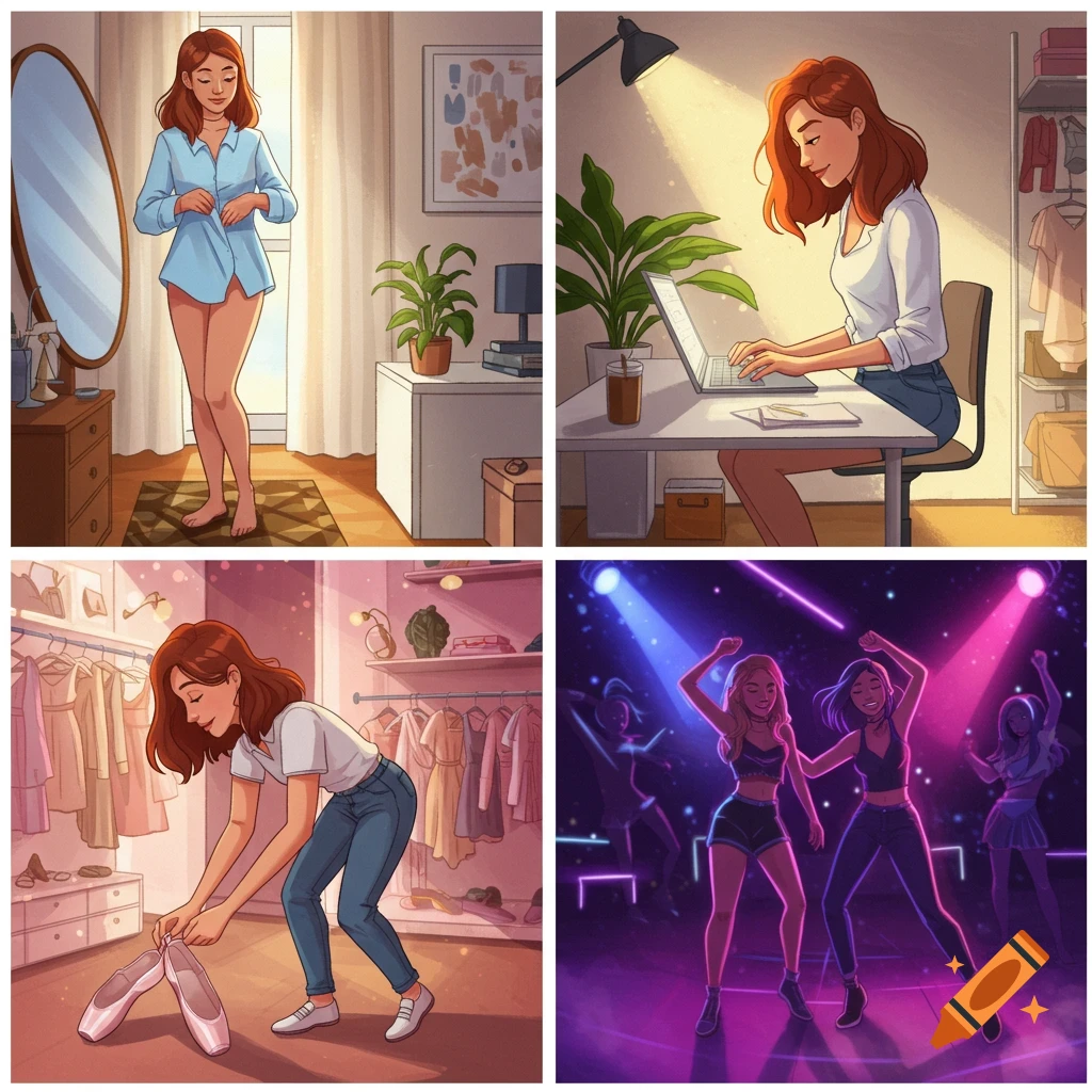A four-panel cartoon comic strip showing a woman's journey: getting dressed, working on a laptop, tying ballet shoes, and dancing in a club.