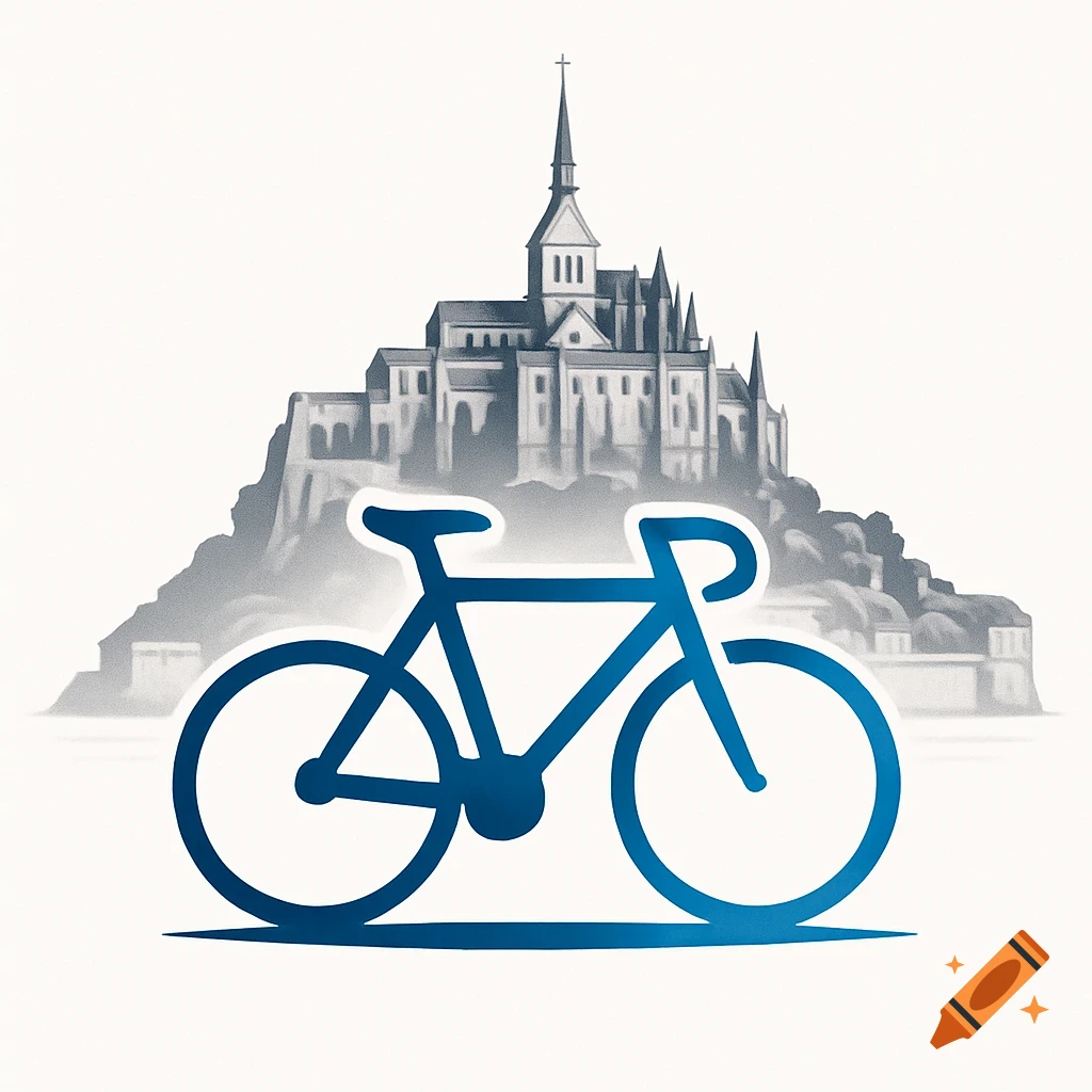 Blue bicycle logo in front of a grayscale illustration of Mont Saint-Michel.