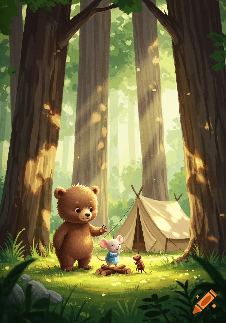 A cute brown bear, a small white mouse, and an ant camp in a sunlit forest next to a tent. Illustrated in a warm, friendly style.