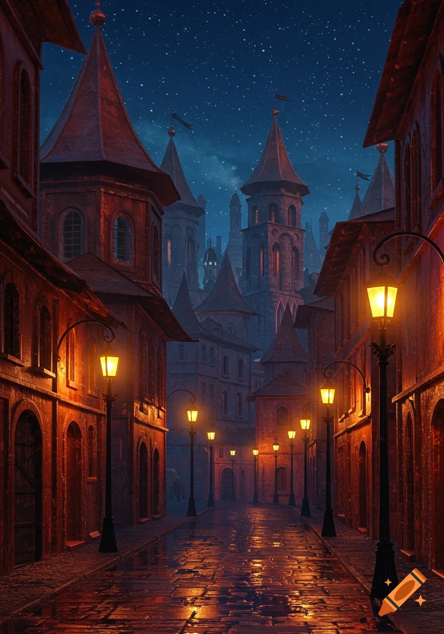 A narrow, wet medieval street at night, lined with glowing lanterns and tall, coppery buildings under a starry sky.