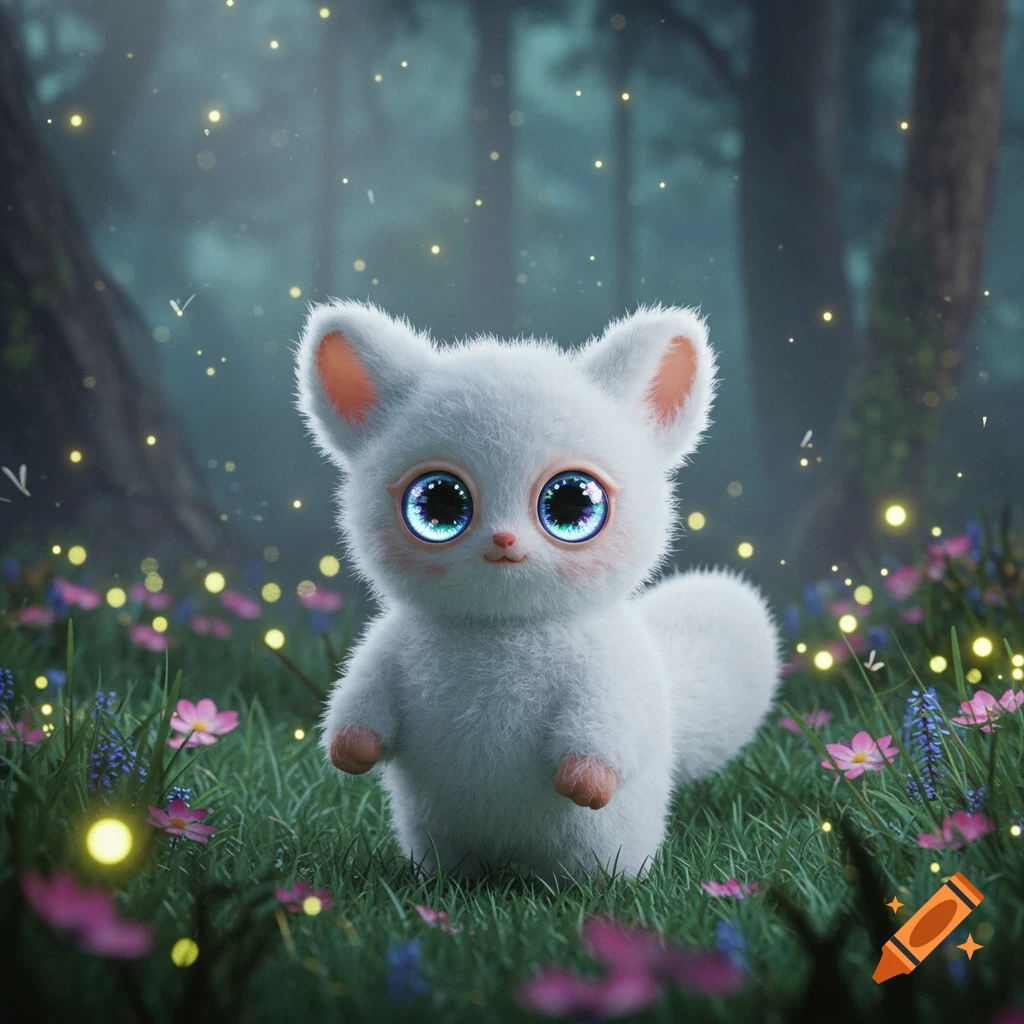 A cute, fluffy white creature with huge blue eyes stands in a magical forest with glowing fireflies and flowers.