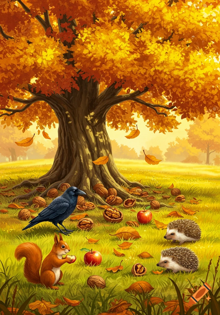 Vibrant autumn illustration with a large golden-leaved tree, a crow, a squirrel holding an apple, and two hedgehogs on grassy ground with nuts.