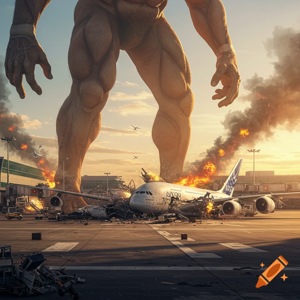 A giant muscular humanoid stomps on a burning, destroyed Airbus A380 at an airport, causing widespread destruction and smoke under a golden sky.