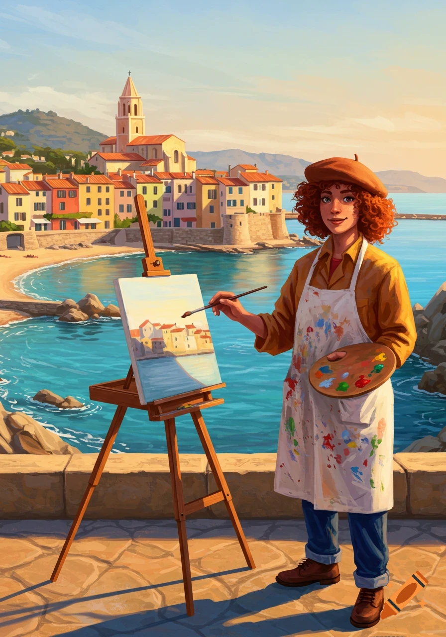 A female artist with curly red hair and a beret paints a vibrant coastal town scene with turquoise water, colorful buildings, and a distant church tower.