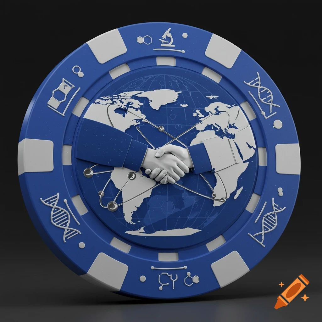 A blue and white poker chip with a world map and shaking hands in the center, surrounded by scientific symbols like DNA helices and microscopes.
