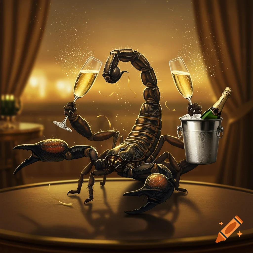A stylized scorpion holds two champagne flutes in its pincers and supports a champagne bucket with its tail in a luxurious golden room.