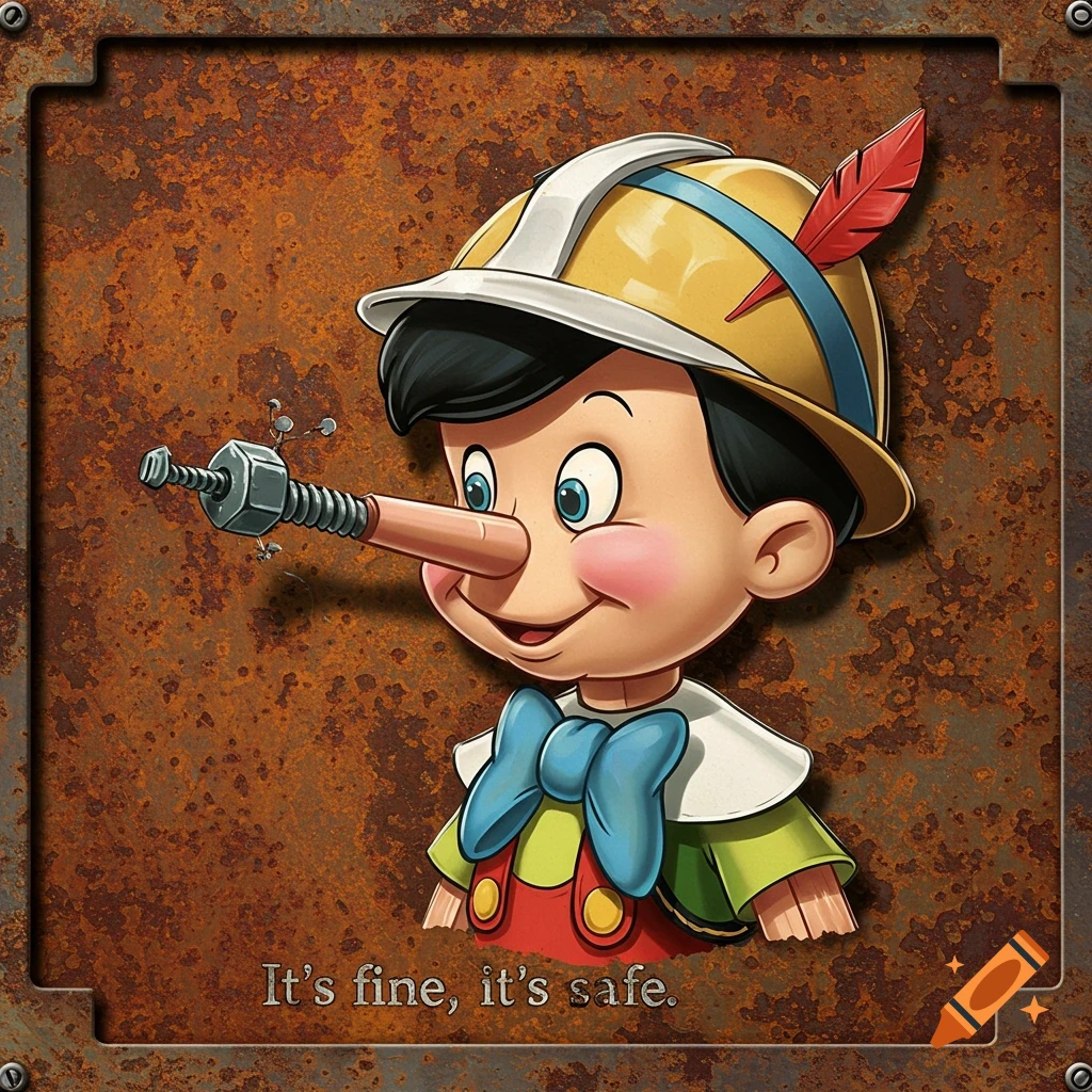 A cartoon Pinocchio in a yellow helmet and green uniform, with a screw in his nose, smiles against a rusty background. Text: It's fine, it's safe.