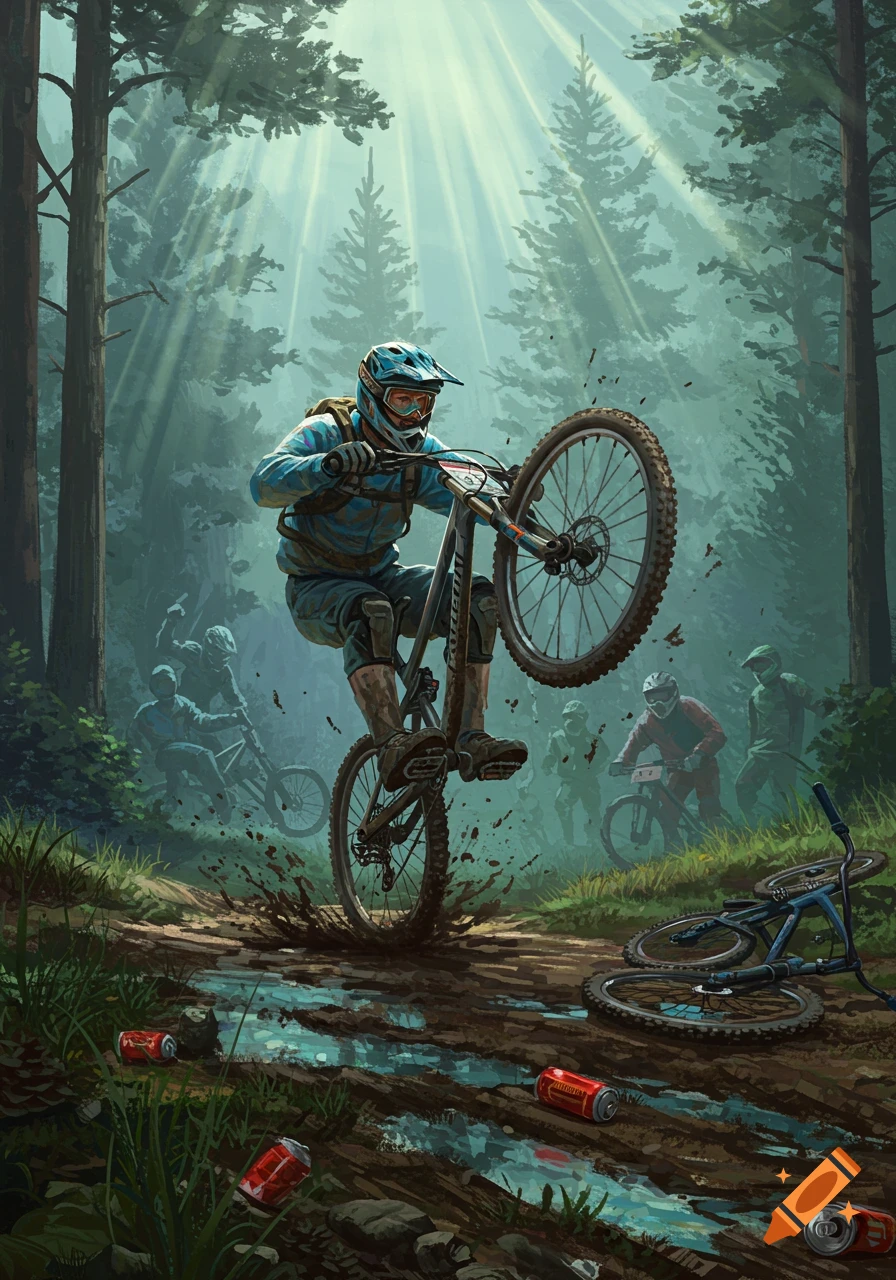 An illustrated mountain biker performs a wheelie on a muddy forest trail, with other bikers and discarded cans nearby.