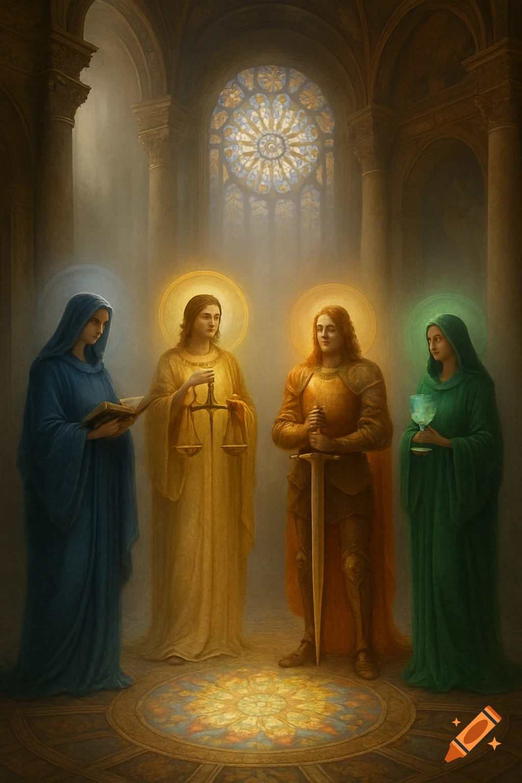 Four haloed figures symbolizing virtues stand in a classical-style cathedral with a stained glass window, illuminated by light.