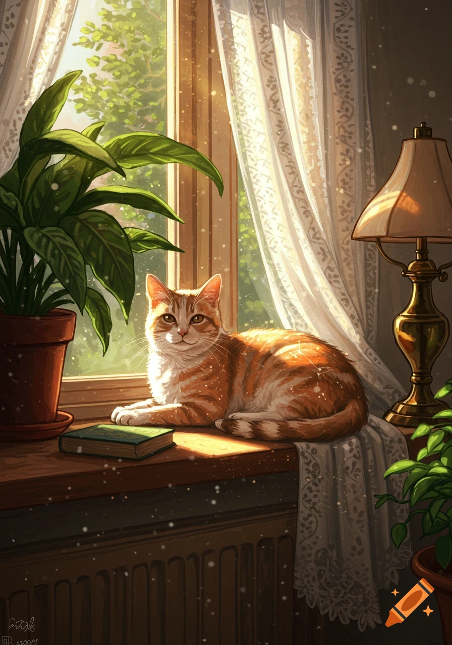 An orange tabby cat rests on a sunlit windowsill next to a houseplant and a book, with light filtering through lace curtains.
