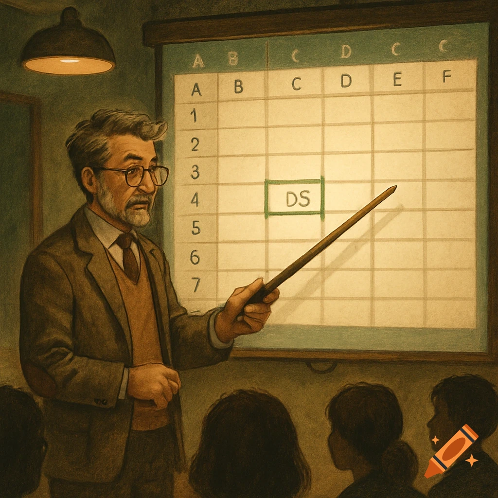 An illustrated teacher with a pointer indicating cell D5 on a spreadsheet displayed on a screen to students in a classroom.