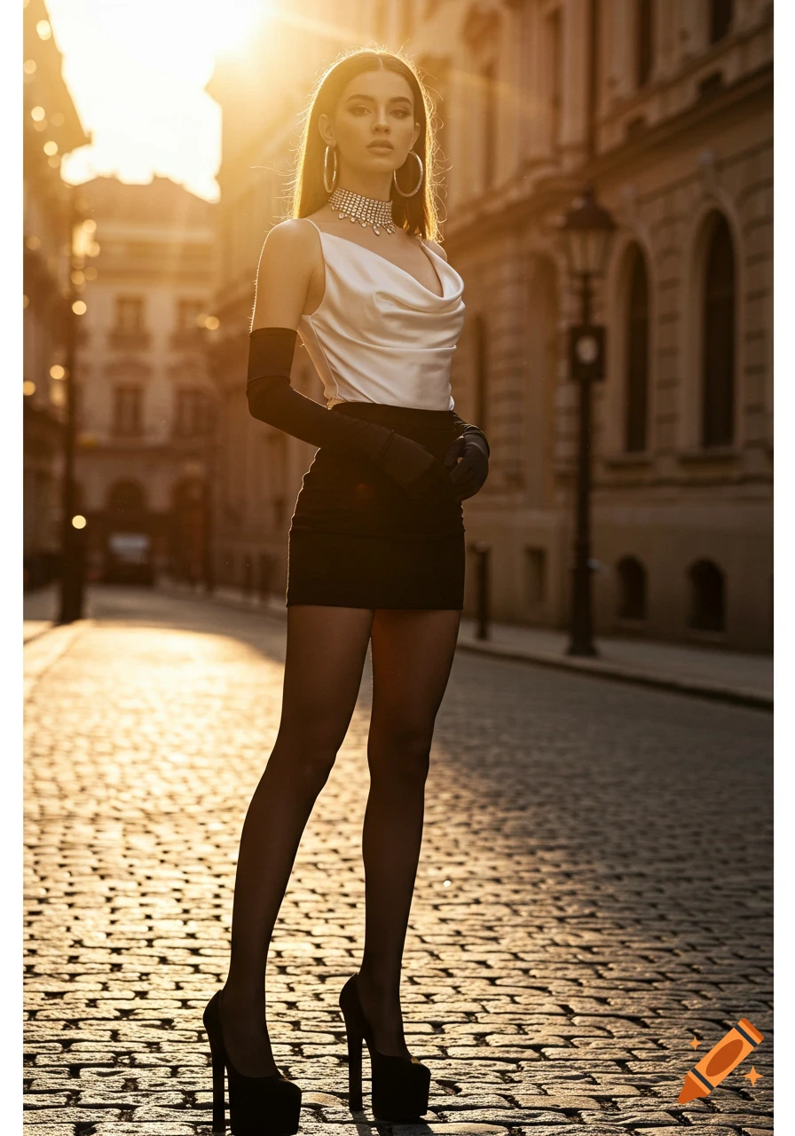 Photorealistic portrait of a woman in a white cowl top, black miniskirt, stockings, long gloves, and high heels on a cobbled street at sunset.