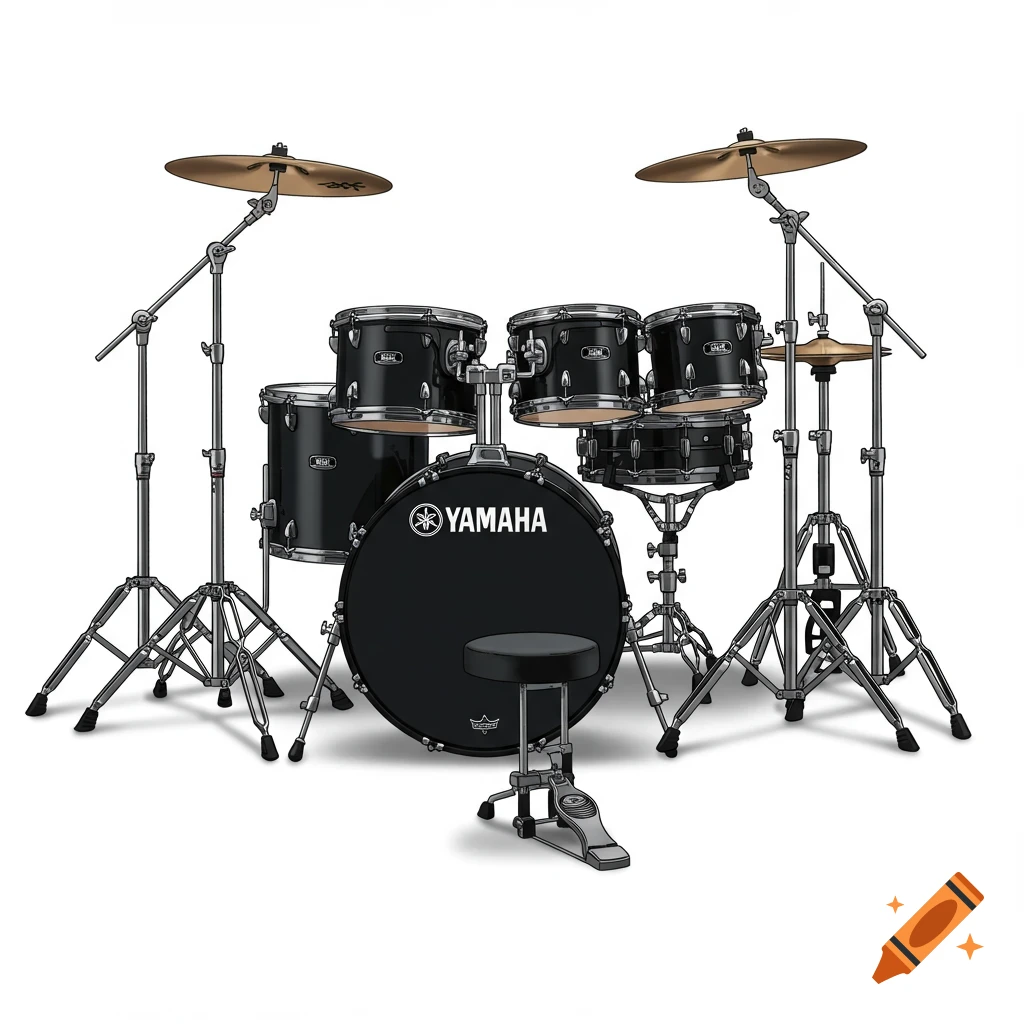 A black Yamaha drum kit with gold cymbals and chrome hardware on a white background, in a clean illustrative style.
