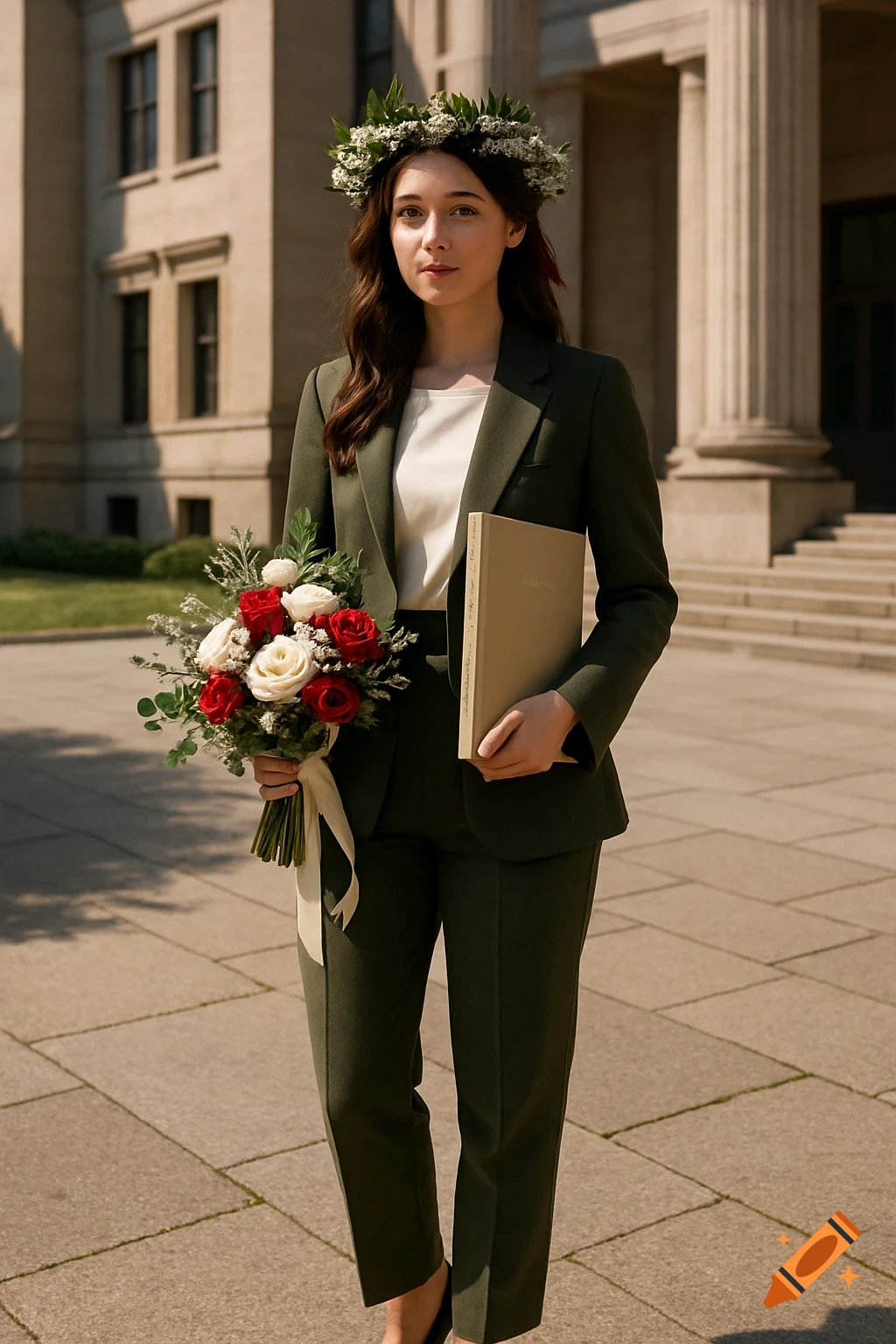 Young woman in an olive green suit and floral crown holds a bouquet and book in front of a university building, photorealistic style.