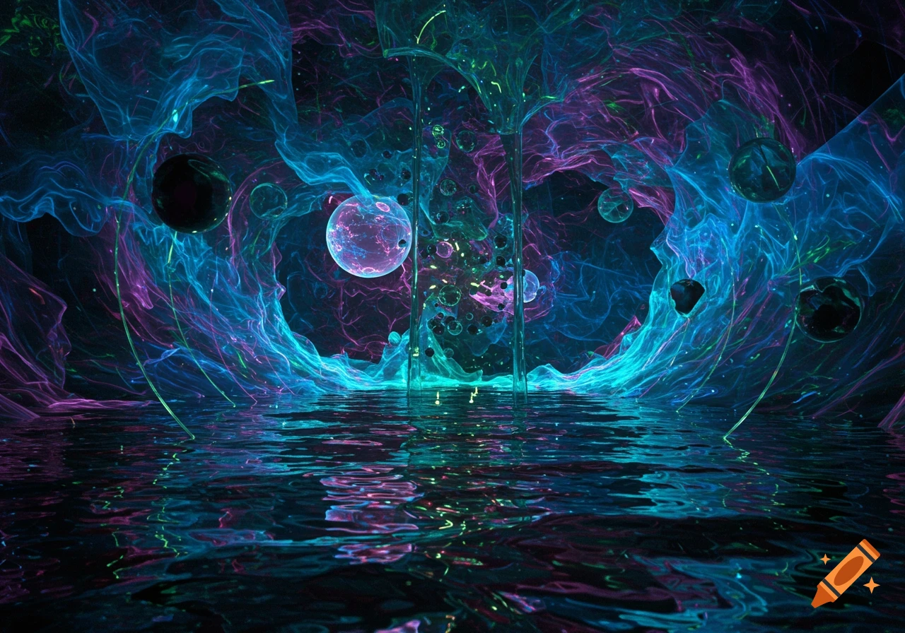 An abstract scene with flowing blue and purple ethereal forms and glowing orbs above a reflective water surface.