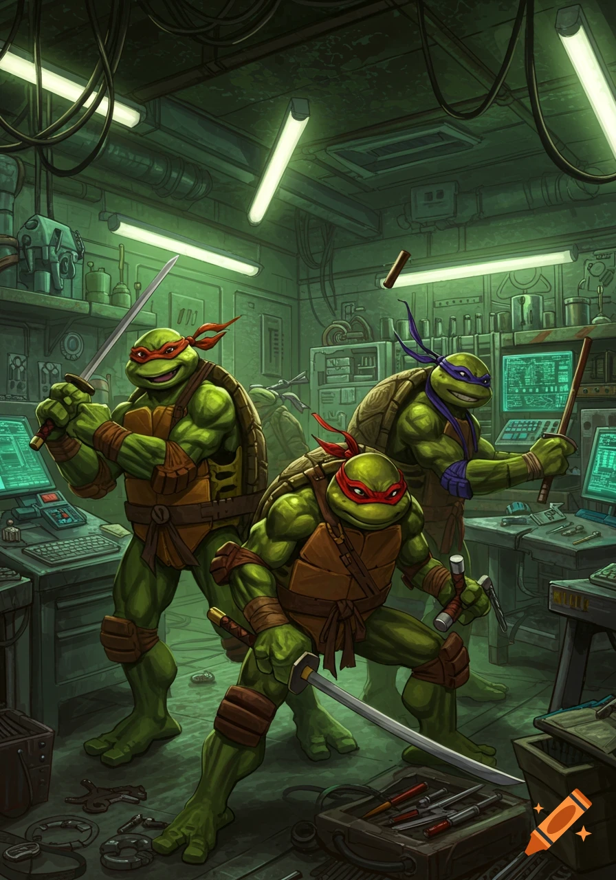 Four Ninja Turtles in a detailed, dimly lit maintenance workshop, holding their weapons. Comic art style.