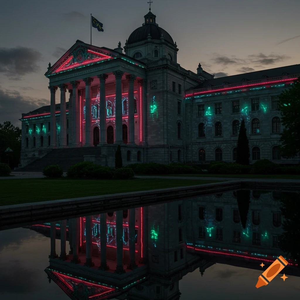 A grand, classical stone building with columns and a dome, illuminated with red and green lights at dusk, reflecting in water.