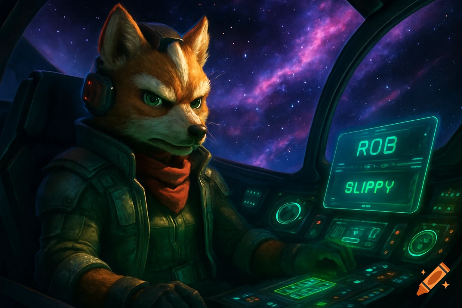 An anthropomorphic fox pilot in a spaceship cockpit with a glowing green screen displaying "ROB" and "SLIPPY" and a vibrant nebula outside.