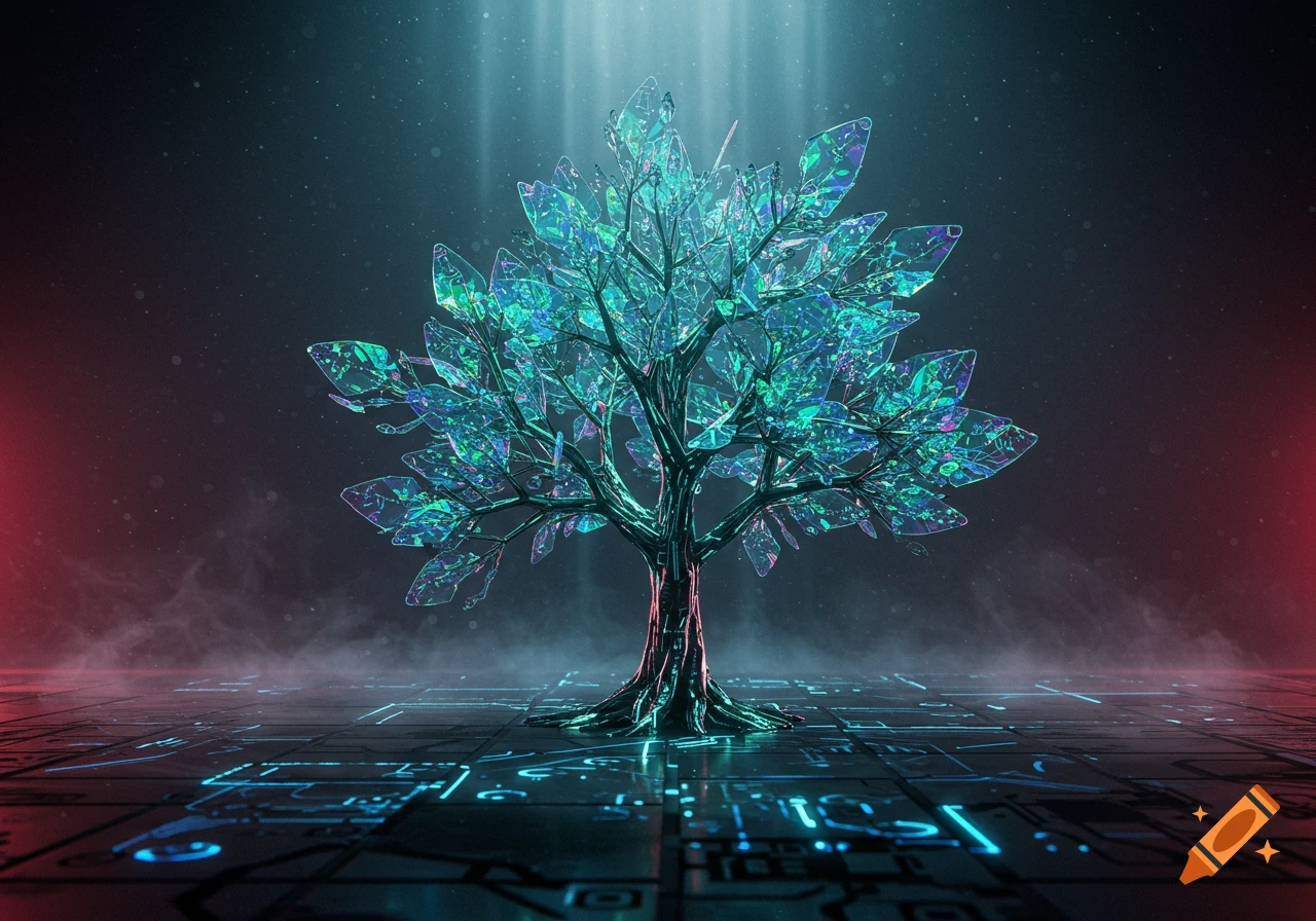 A glowing, crystalline tree with glowing roots on a dark, circuit-board-like ground, surrounded by mist and digital light rays.