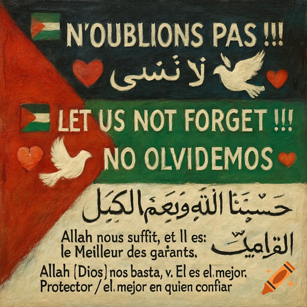 A stylized poster with a Palestinian flag background, featuring text in French, Arabic, English, and Spanish about remembrance, peace, and faith, along with doves and hearts.