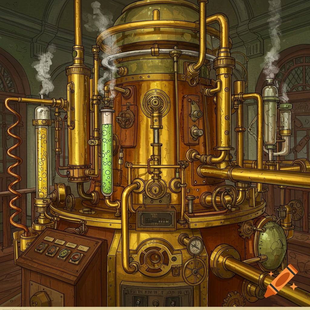 An intricate, large steampunk machine with brass pipes, gears, and gauges, featuring glowing green liquid in glass tubes, in an industrial setting.