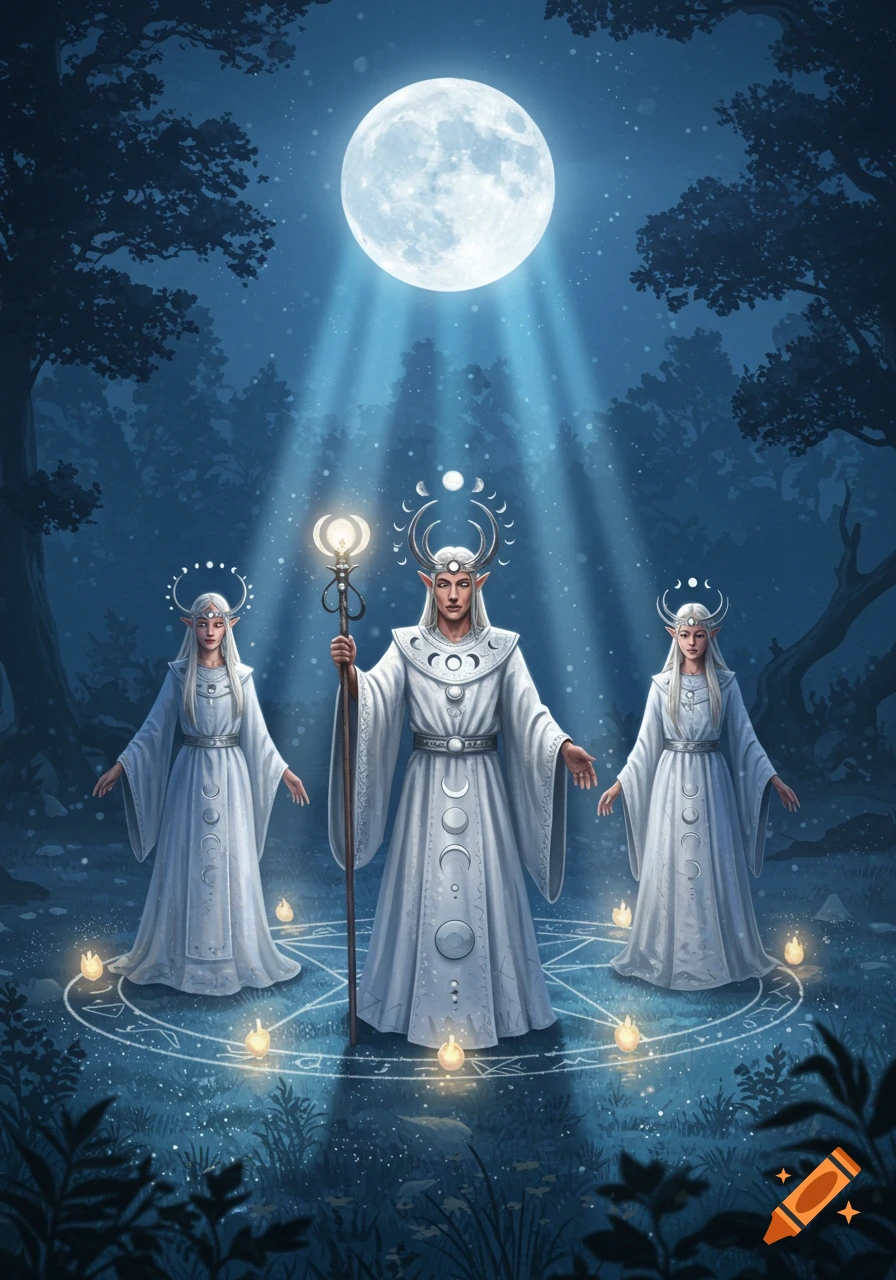 Three robed elves conduct a moonlit ritual in a forest, surrounded by glowing candles and moon symbols.