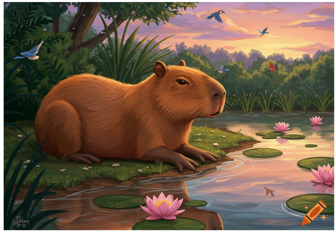 An illustrative drawing of a capybara sitting by a pond with water lilies and birds at sunset.