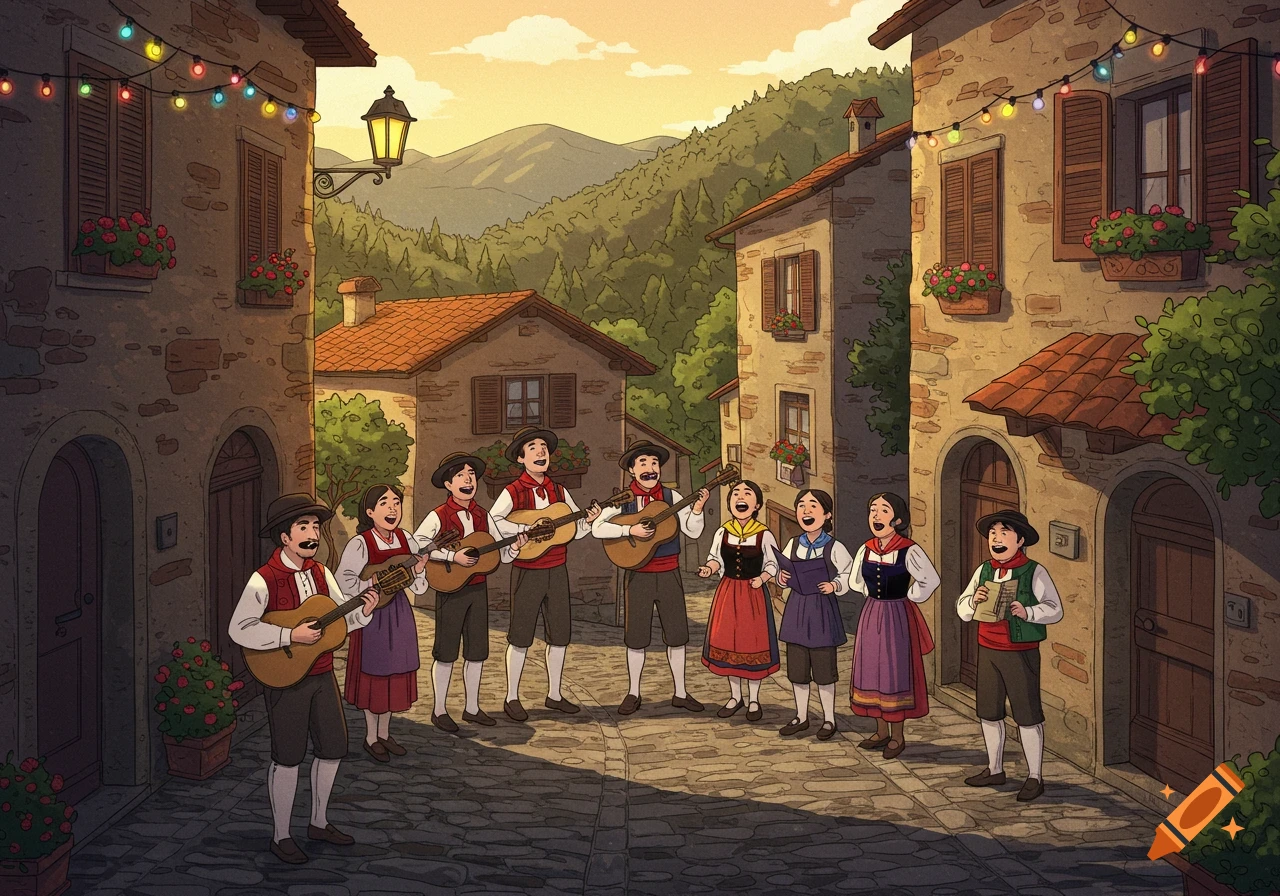 Cartoon illustration of musicians in traditional attire singing and playing instruments on a cobblestone street in an old village under string lights.