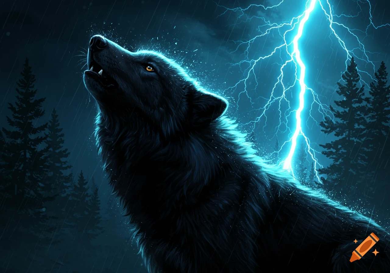 A black wolf howls under a dark, rainy sky with brilliant blue lightning striking in a digital art style.