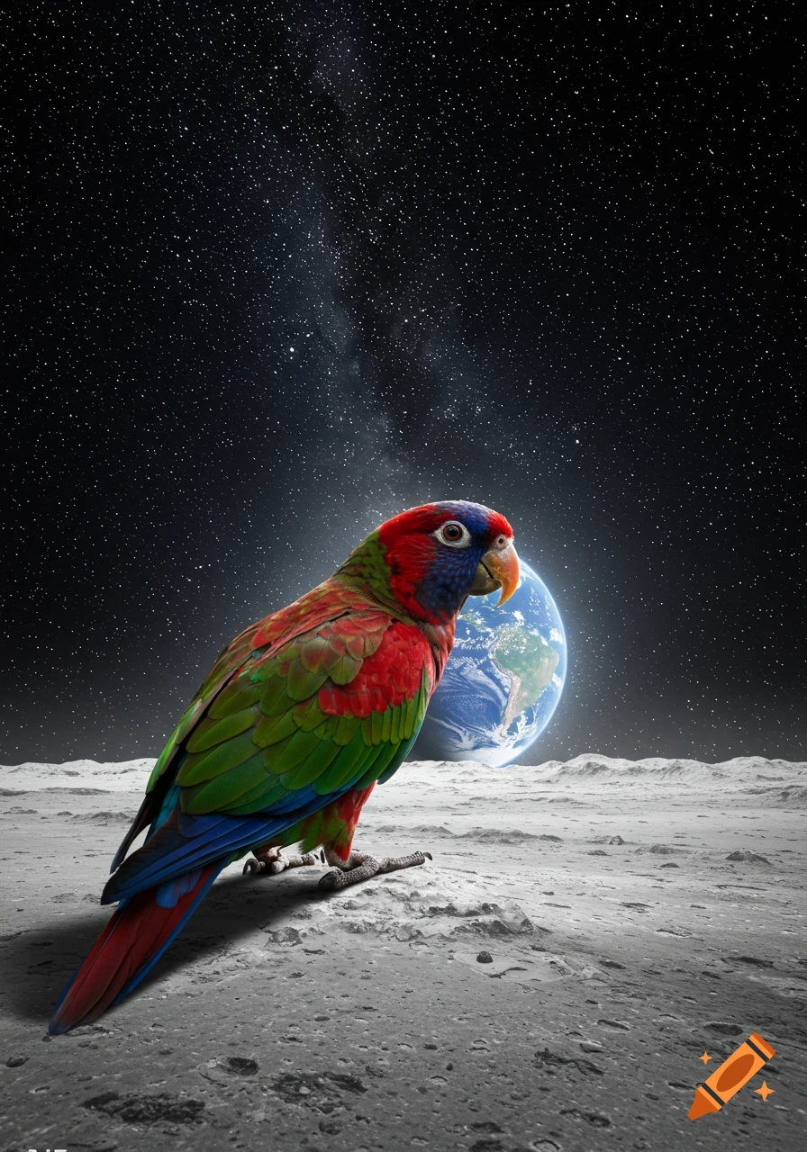 A colorful parrot stands on the dusty grey surface of the moon, looking towards a vibrant Earth visible in the star-filled night sky.
