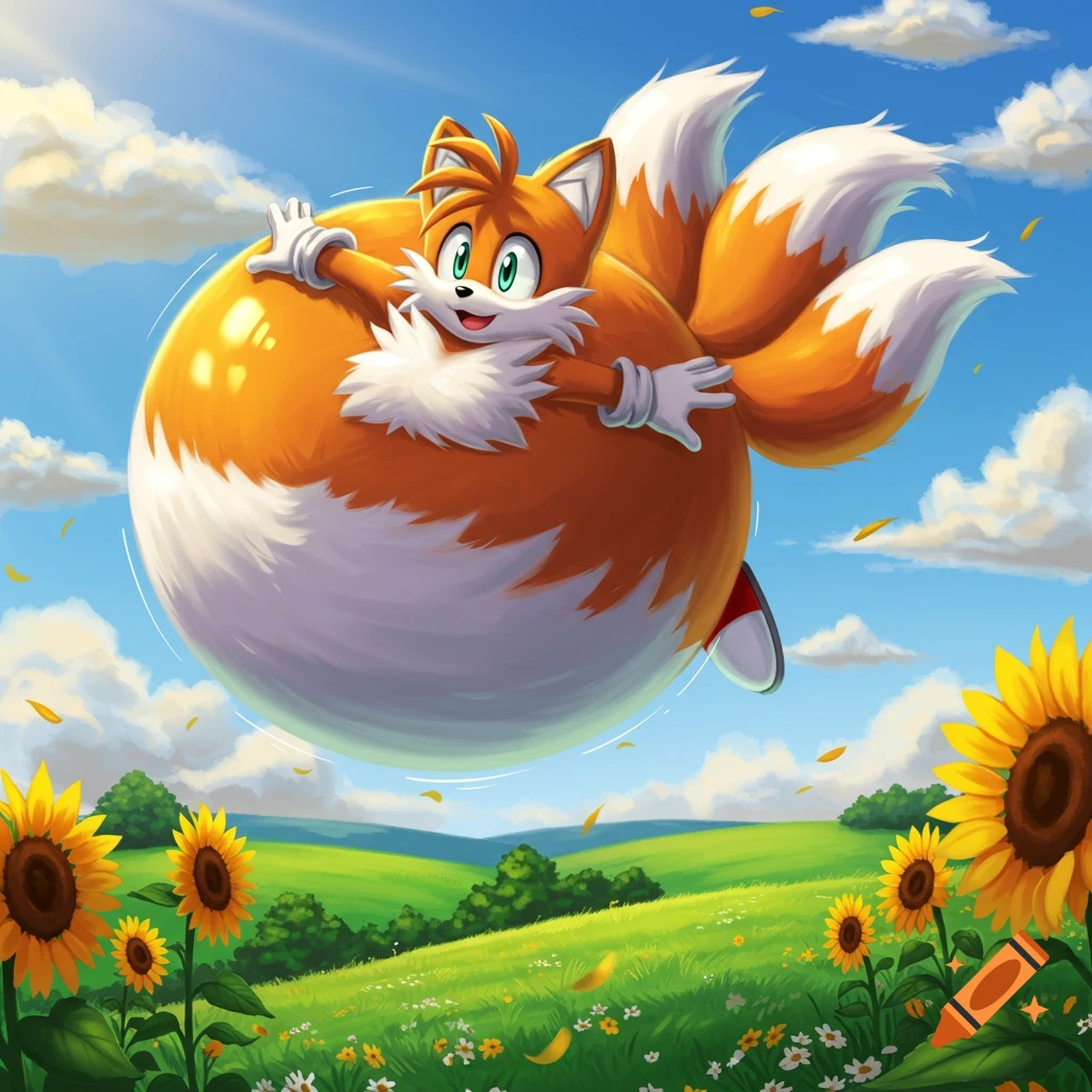 Inflated Tails from Sonic floats like a giant orange balloon over a sunny green field with sunflowers under a blue sky.