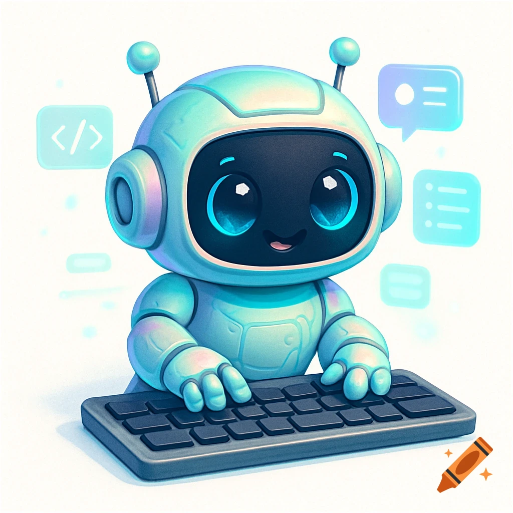 A cute, light blue robot with large black eyes and antennae types on a keyboard, surrounded by glowing tech icons.