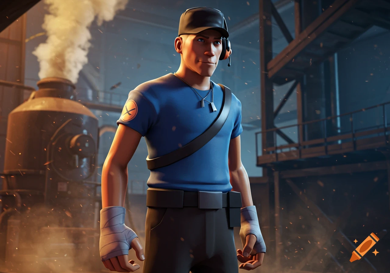 A stylized 3D render of Team Fortress 2 Scout, a young man in a blue shirt and baseball cap, standing in a dusty industrial setting.