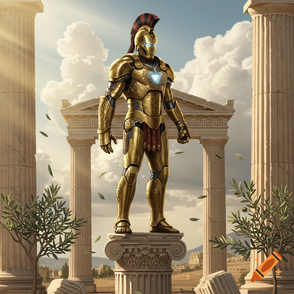 A golden Iron Man with a Spartan helmet stands on a classical pillar amidst ancient Greek ruins and olive trees under a cloudy sky.