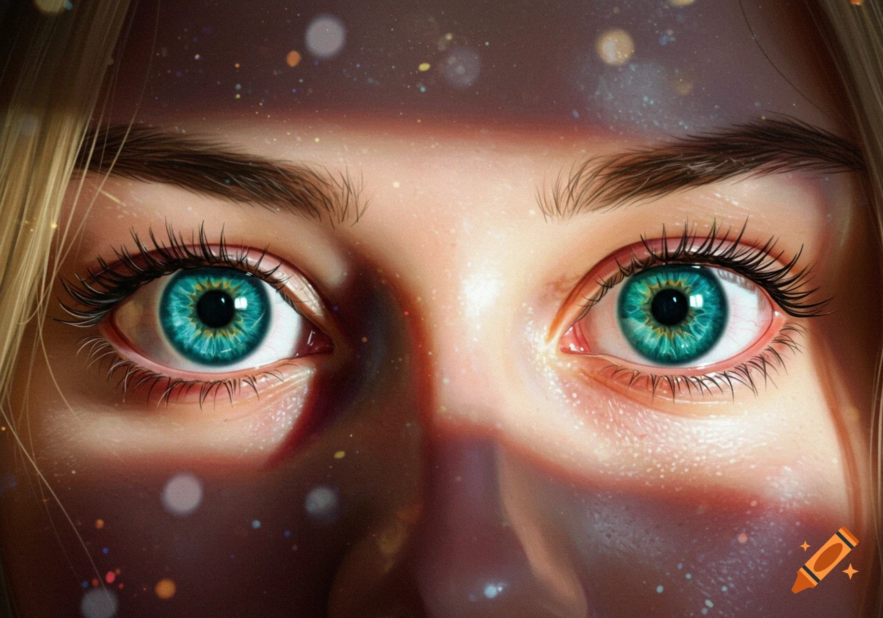 Close-up of bright teal eyes with long lashes and sparkling light effects on the skin and above.