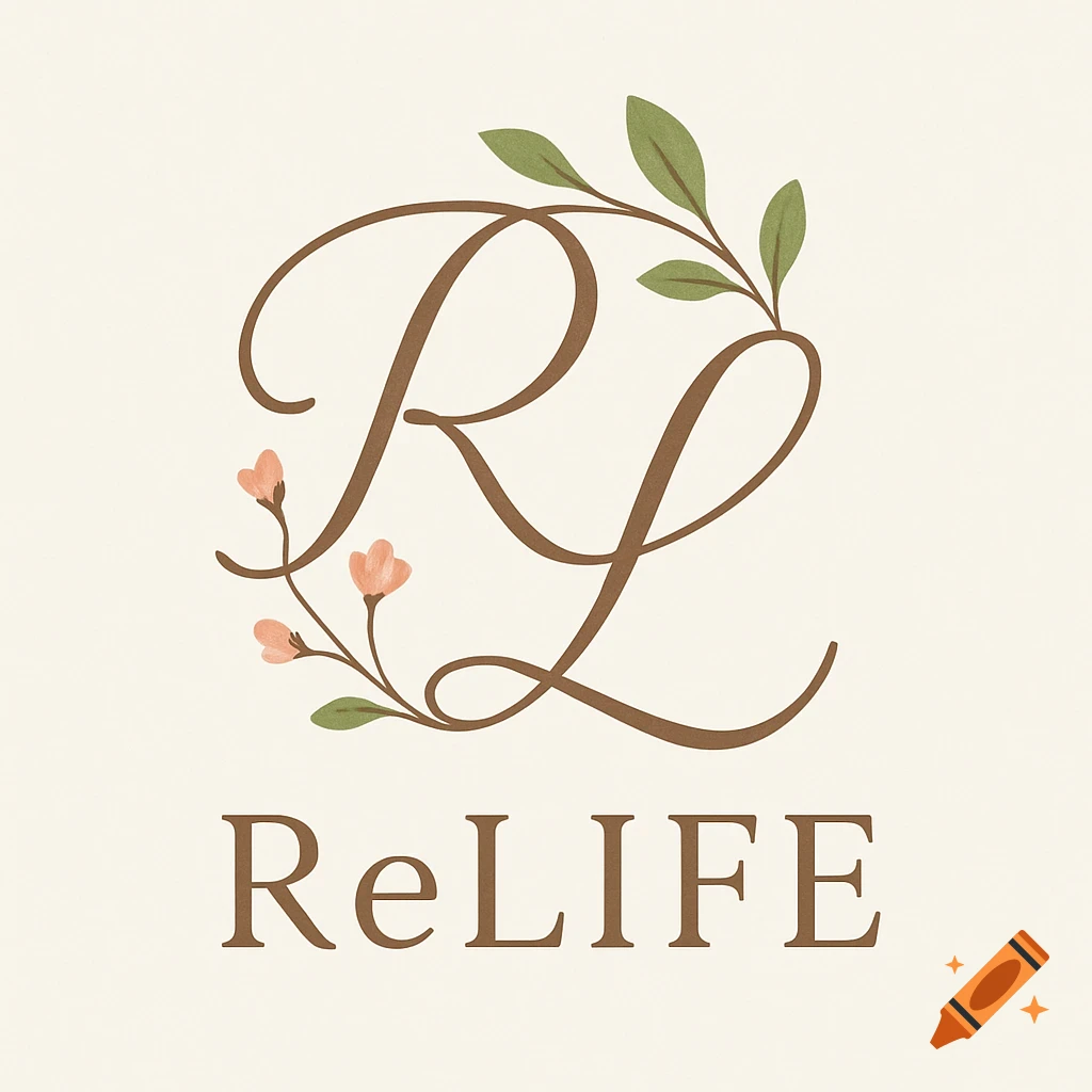 A brown script 'RL' monogram intertwined with green leaves and pink flowers, above 'ReLIFE' text, on a cream background.