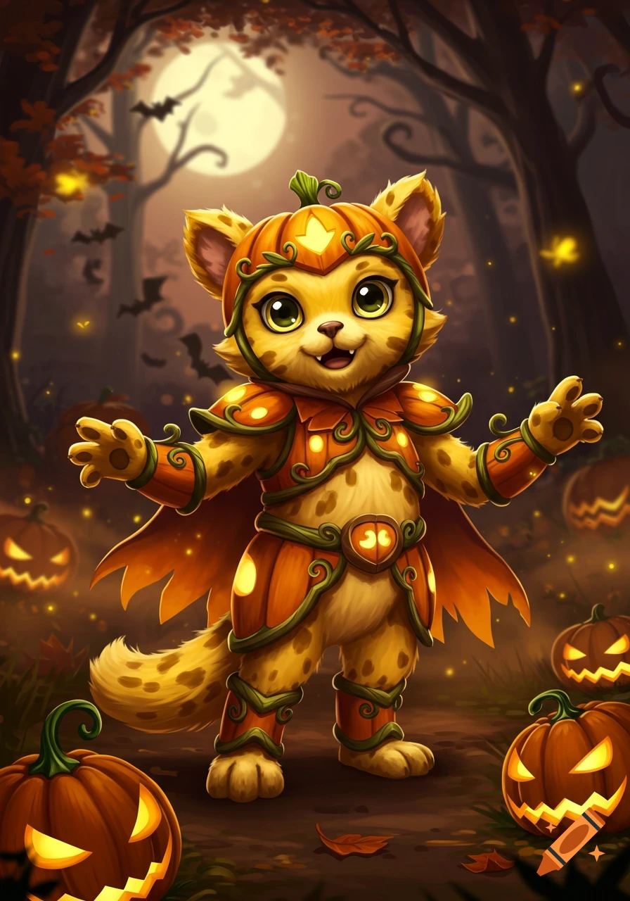 A cute, spotted, cat-like creature in a pumpkin Halloween costume stands in a spooky forest with glowing jack-o'-lanterns under a full moon.