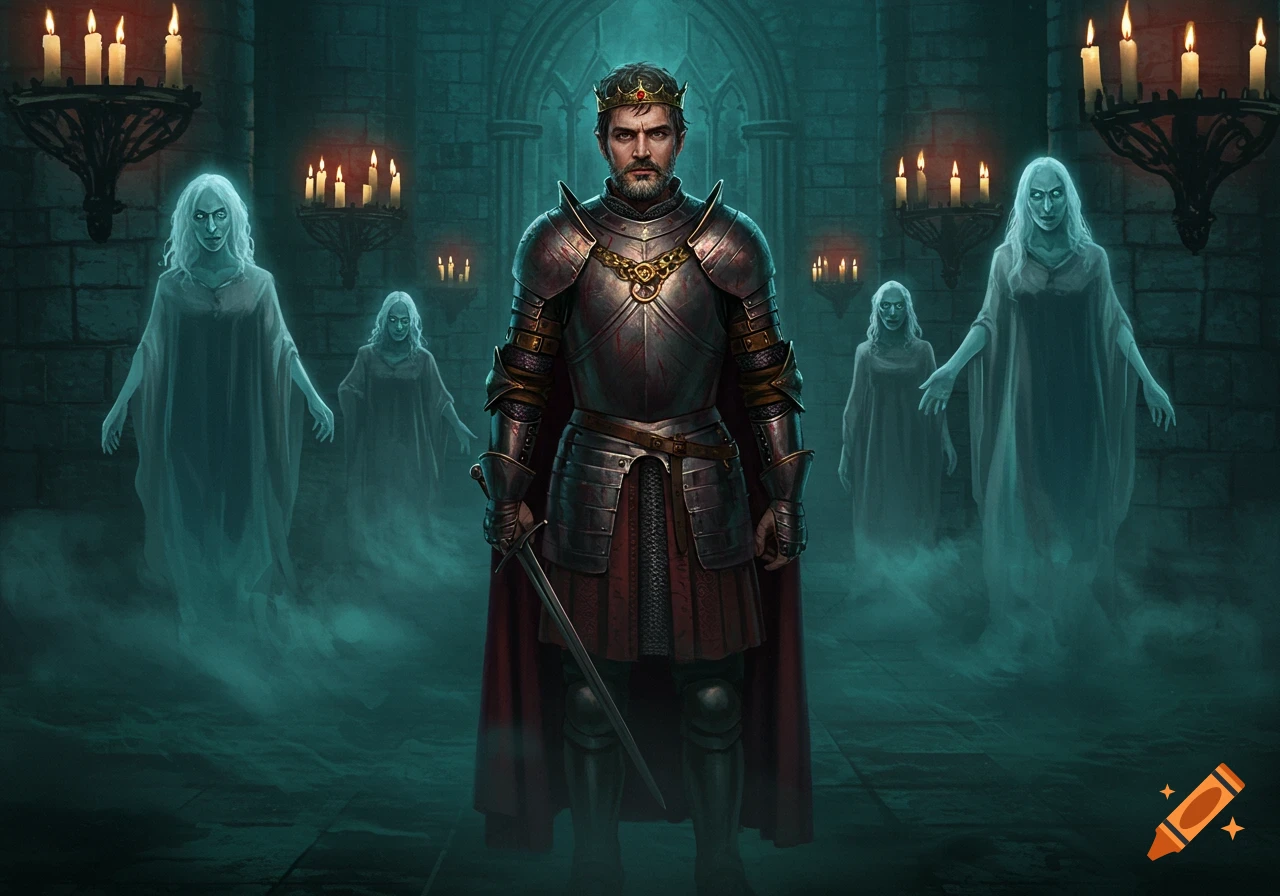 A king in shining armor and crown stands in a dark castle hall, surrounded by pale ghost women and candlelight.