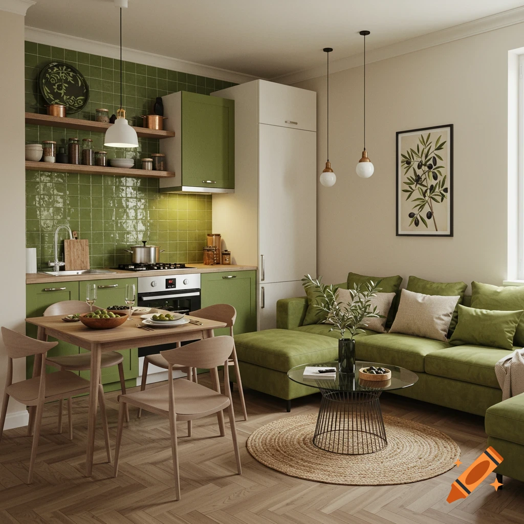 A modern, open-plan kitchen and living room with green cabinets, a green sectional sofa, and light wood flooring. Olive branch artwork hangs on the wall.