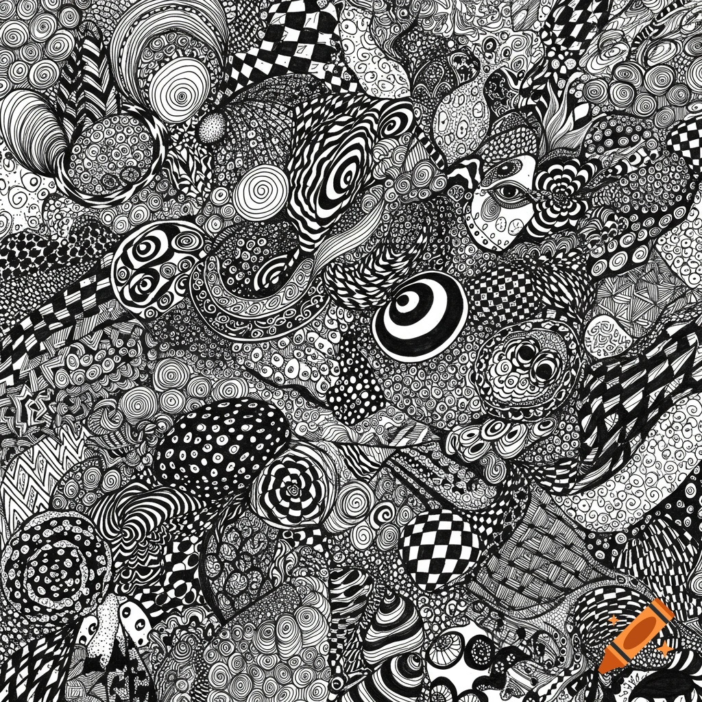 Intricate monochrome ink drawing filled with various swirling, dotted, and checkered abstract patterns.