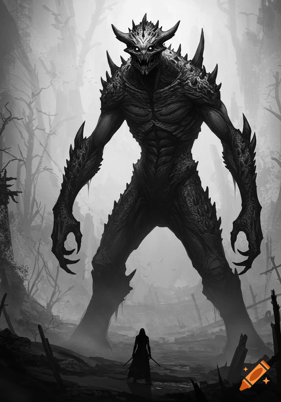 A colossal, horned monster with glowing eyes towers over a small, cloaked figure holding swords in a desolate, foggy, black and white forest.