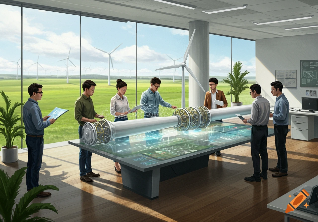 An engineering team discusses a large cylindrical component on a holographic table, with wind turbines visible through a large office window.
