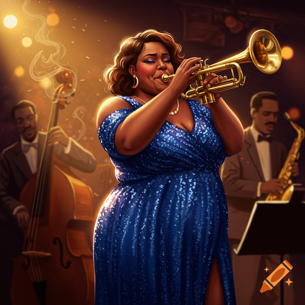 A Black woman in a sparkling blue dress plays a trumpet on stage with a jazz band.