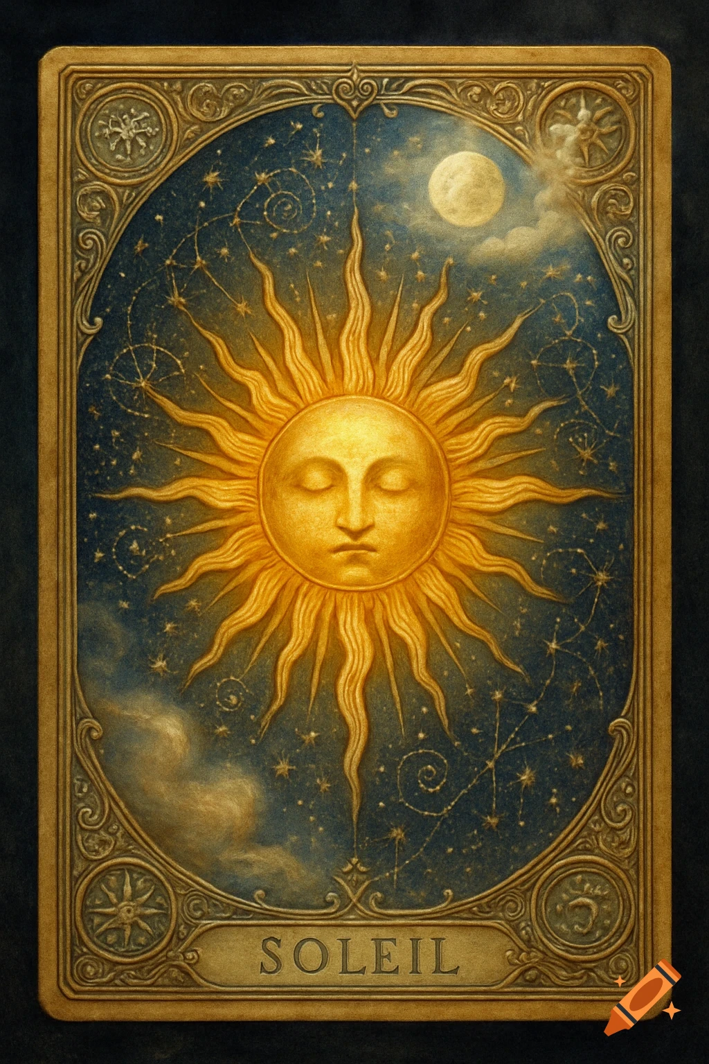A detailed oracle card showing a golden sun with a face, crescent moon, and stars on a dark blue background, within an ornate frame, with 'SOLEIL' at the bottom.