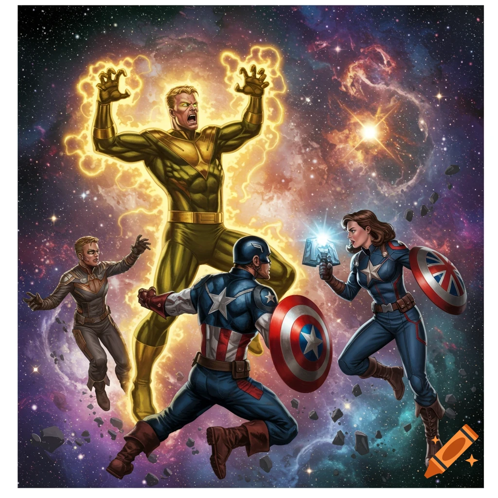 Comic art of Sentry glowing gold, facing off against Captain America, Captain Carter, and John Walker in a vibrant space battle.