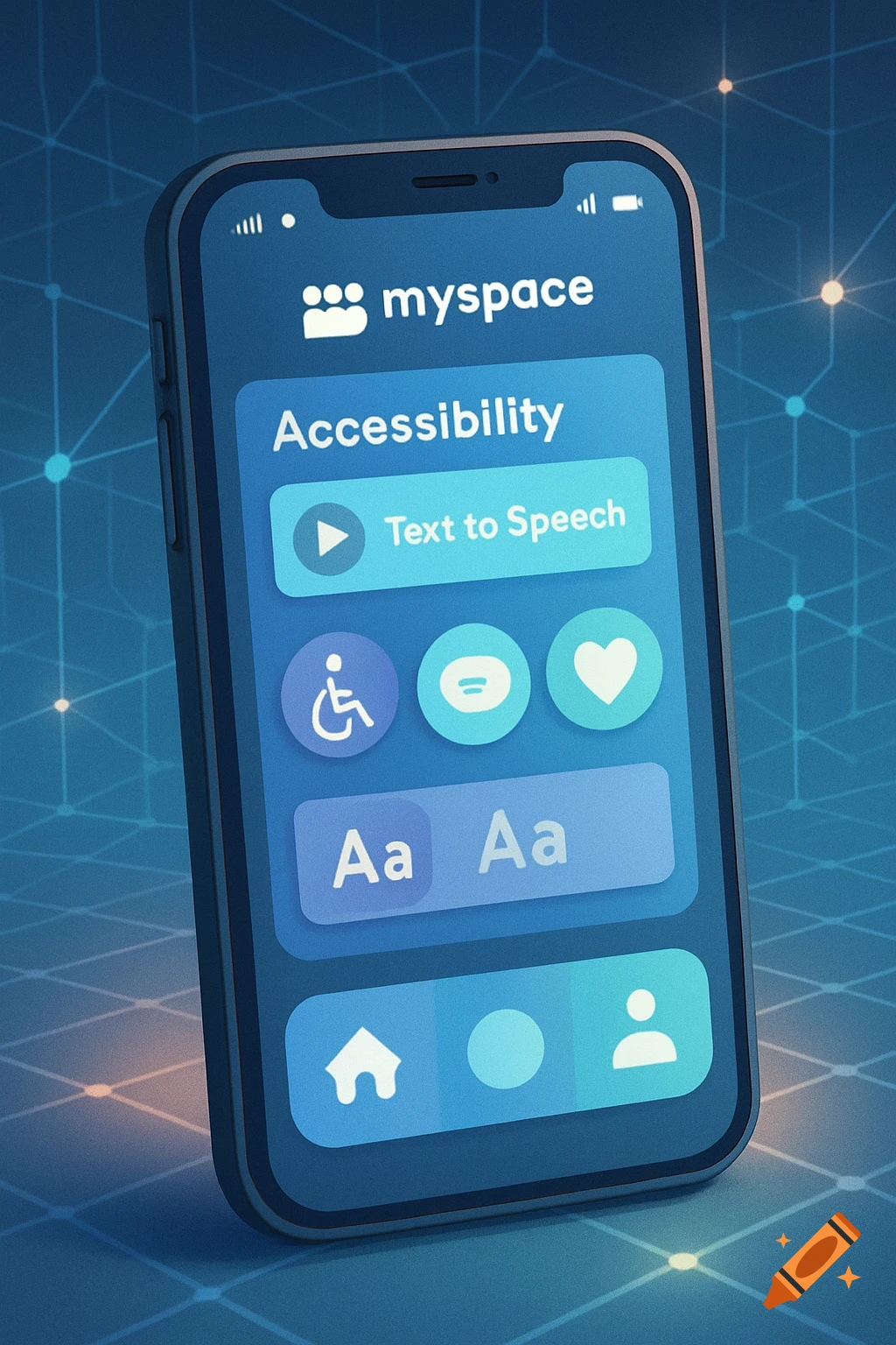 A smartphone displaying a 'myspace' app with accessibility features like 'Text to Speech' and text size options on a blue background.