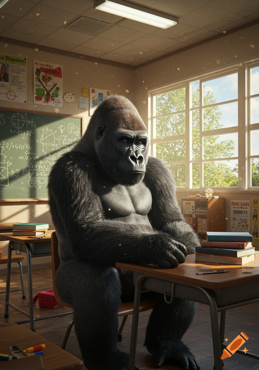 A large, photorealistic gorilla sits upright at a student desk in a sunlit classroom, looking directly forward. A blackboard with equations is behind it, and books are on the desk.